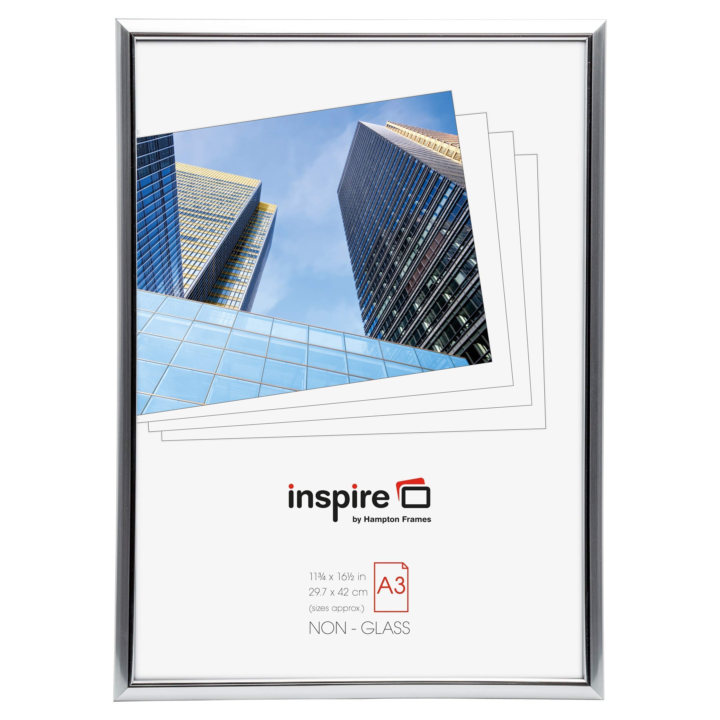Hampton Frames | Photo Frame | A3 (30x42cm), Silver, Extruded Plastic, Foil Wrapped Finish | Lightweight, Perspex Front, Portrait or Landscape Display | Suitable for Certificates, Posters