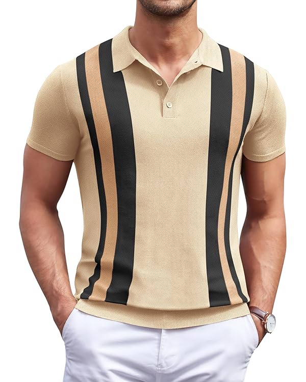 COOFANDY Men's Knit Polo Shirt Short Sleeve Vintage Striped Golf Shirt