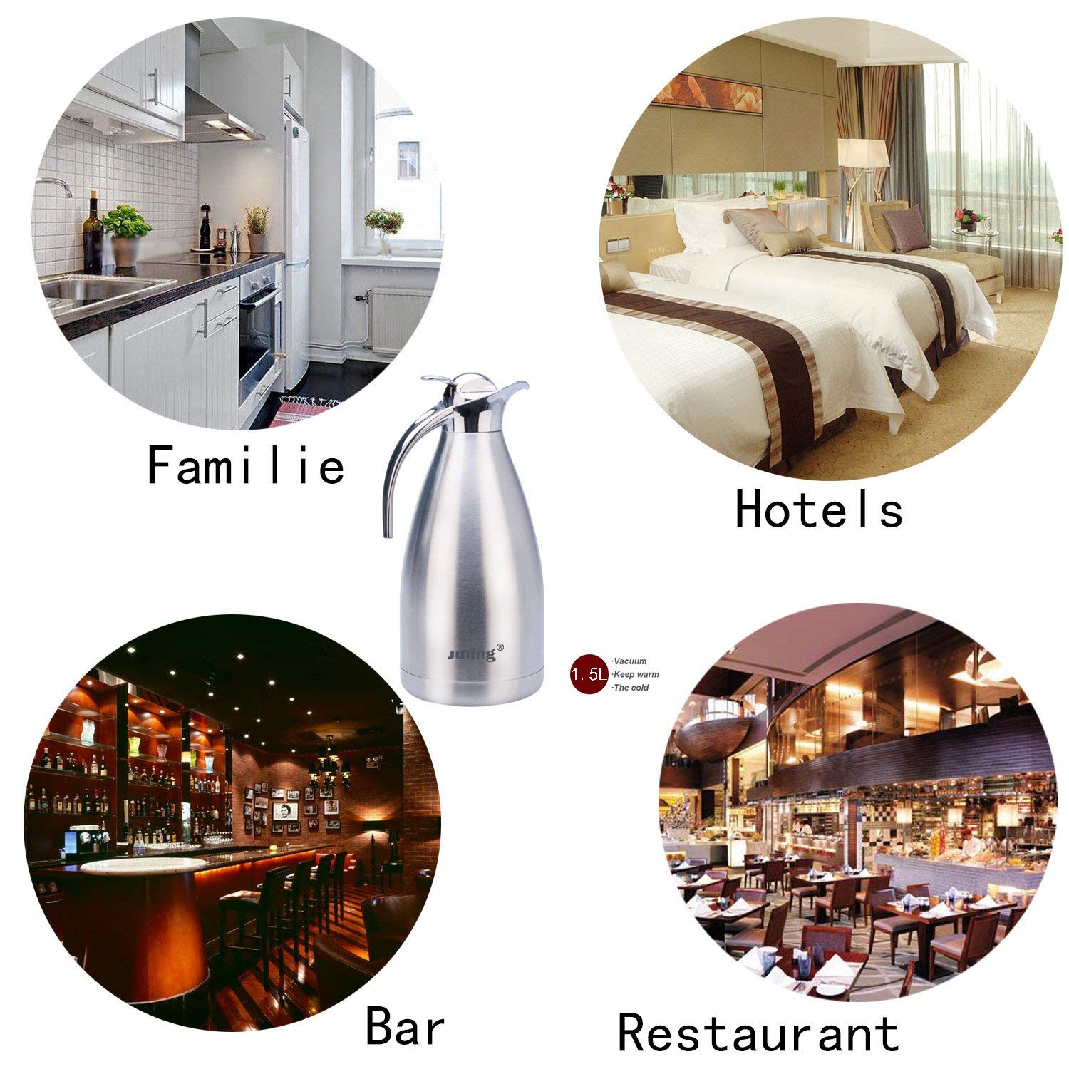 Pot de café - JUNING 2L Thermal Carafe Acier inoxydable à double paroi isolé Pile à thé / eau à grande capacité avec bouton de pression Argent