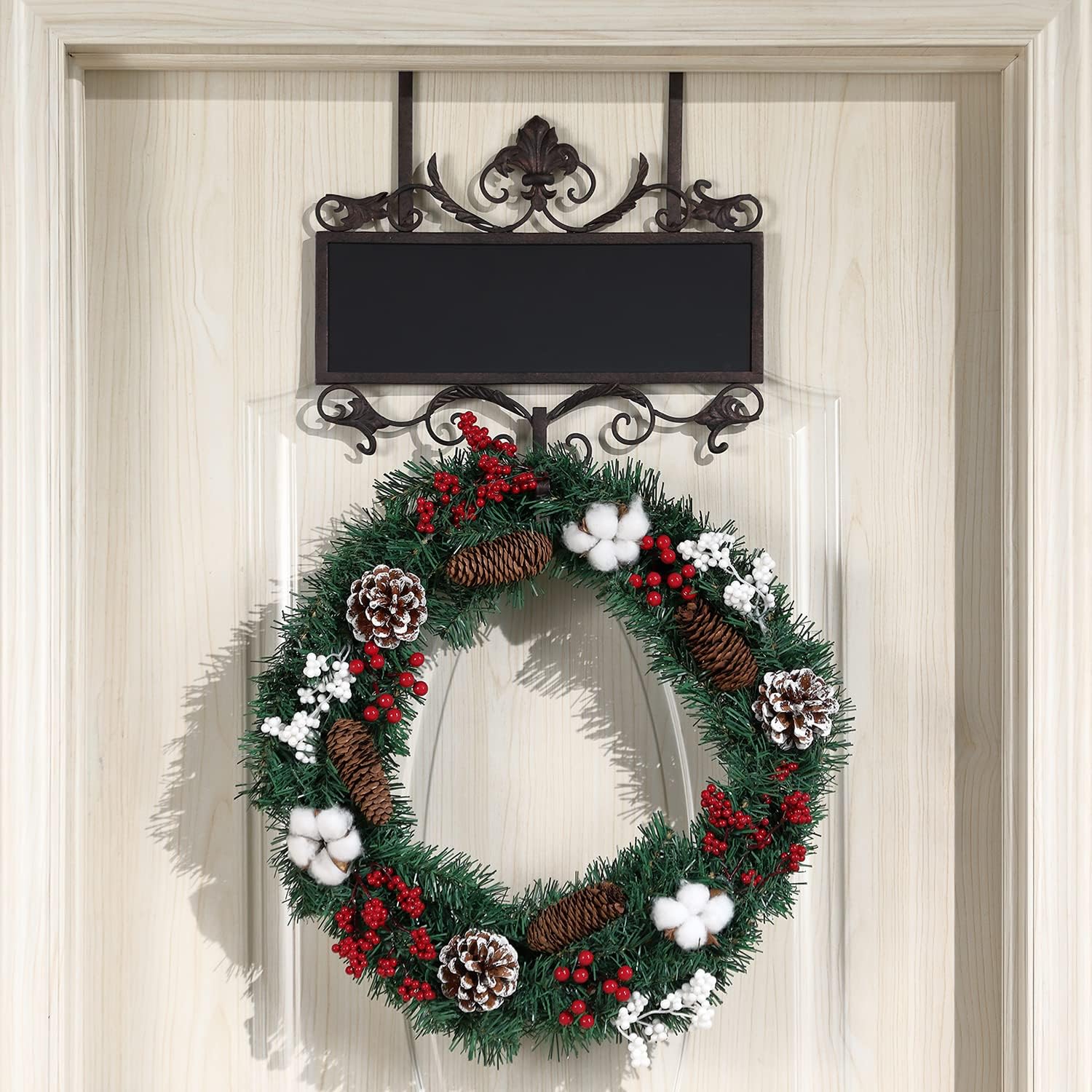 Wreath Hangers - Rustic Wreath Holder-DIY Wreath Hangers with Chalkboard, Multifunction Hanging Chalkboard Sign, Metal Wreath Hooks for Front Door, Over The Door Hooks for Home Decor, Christmas Sign, Home Decor Sign