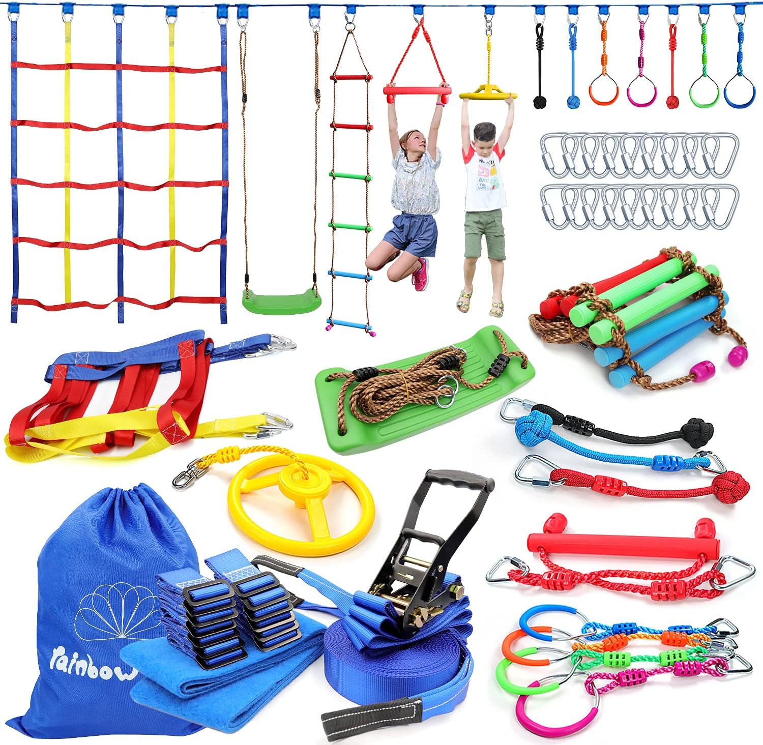 Rainbow Craft 50ft Ninja Warrior Obstacle Course for Kids - Ninja Slackline with 17 Removable Buckle Loops, Ninja Course Training Equipment, 12 Ninja Accessories, Ninja Course for Kids Outside: Toys & Games