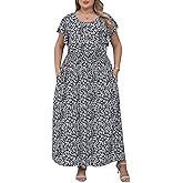 Nemidor Womens Plus Size Boho Ditsy Floral Print Casual Smocked Flared Maxi Long Dress with Pocket