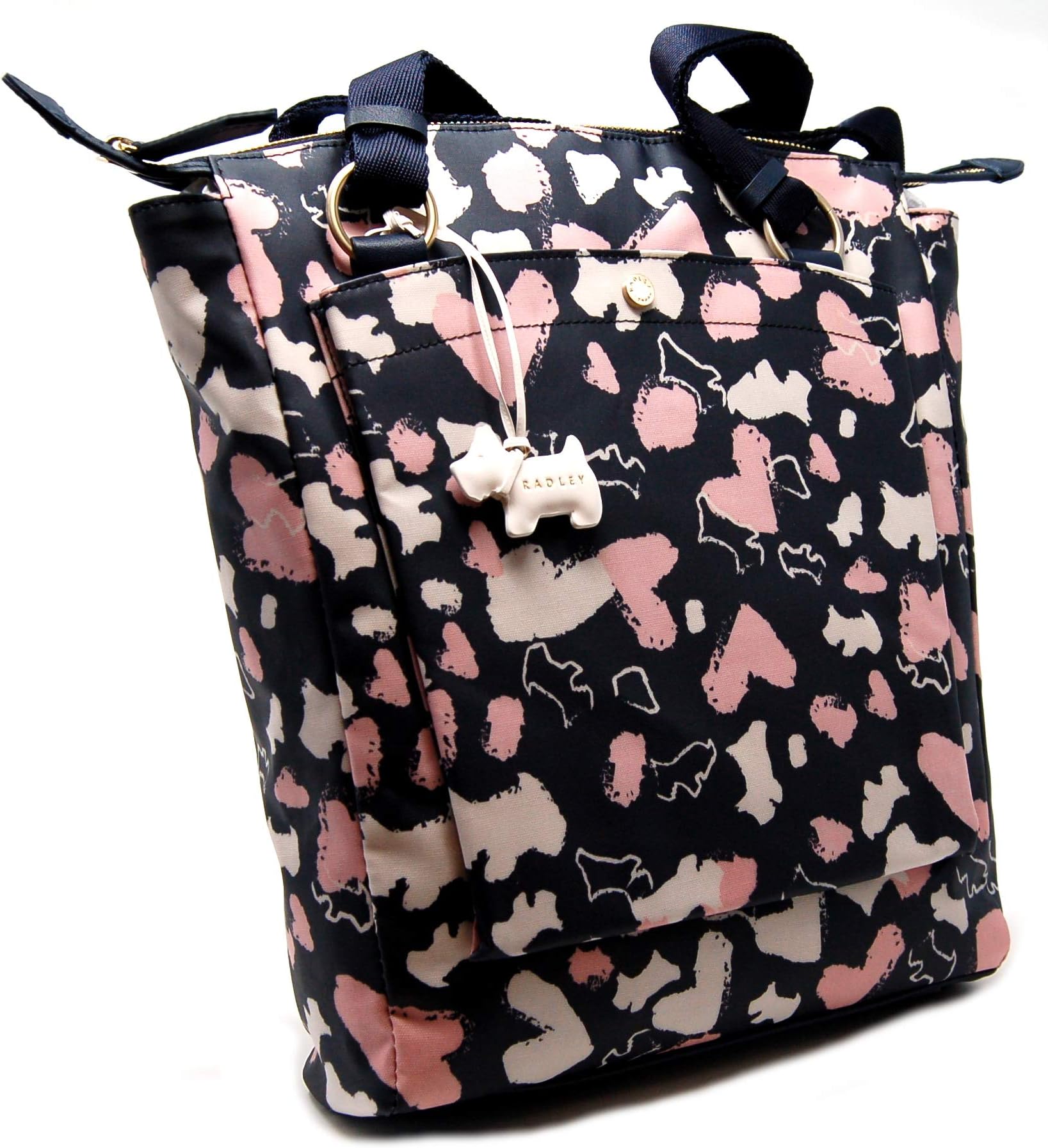 Radley 'Columbia Road' Zipped Top Handled Shoulder Bag in Navy with Pink & Cream Hearts Oilskin