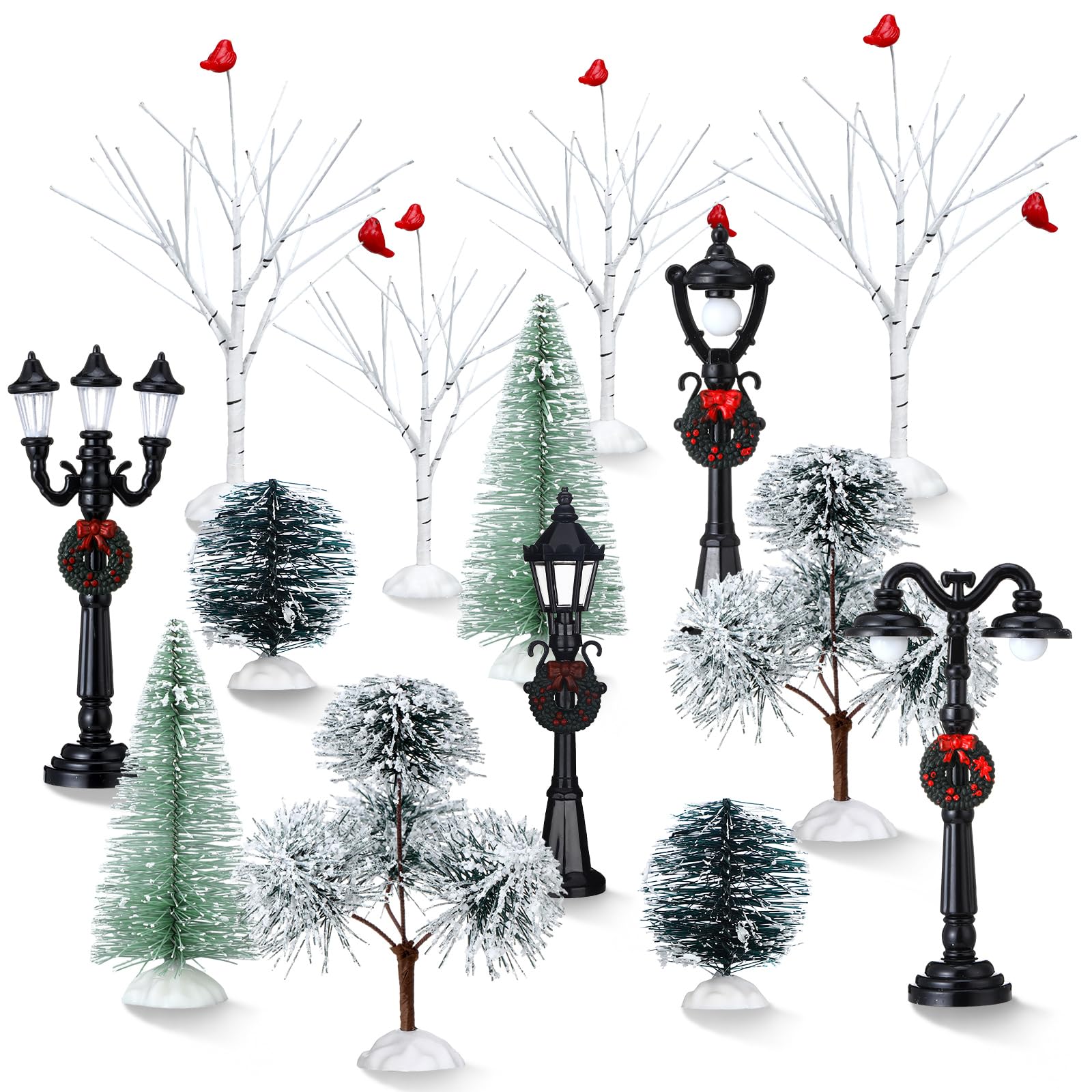View 1 of 14 Pcs Christmas Accessories Village Figurine Miniature Pine Trees Snow Artificial Christmas Trees Bare Branch Tree Street Lamps for Xmas DIY Crafts Winter Room Landscape(Vibrant Style)