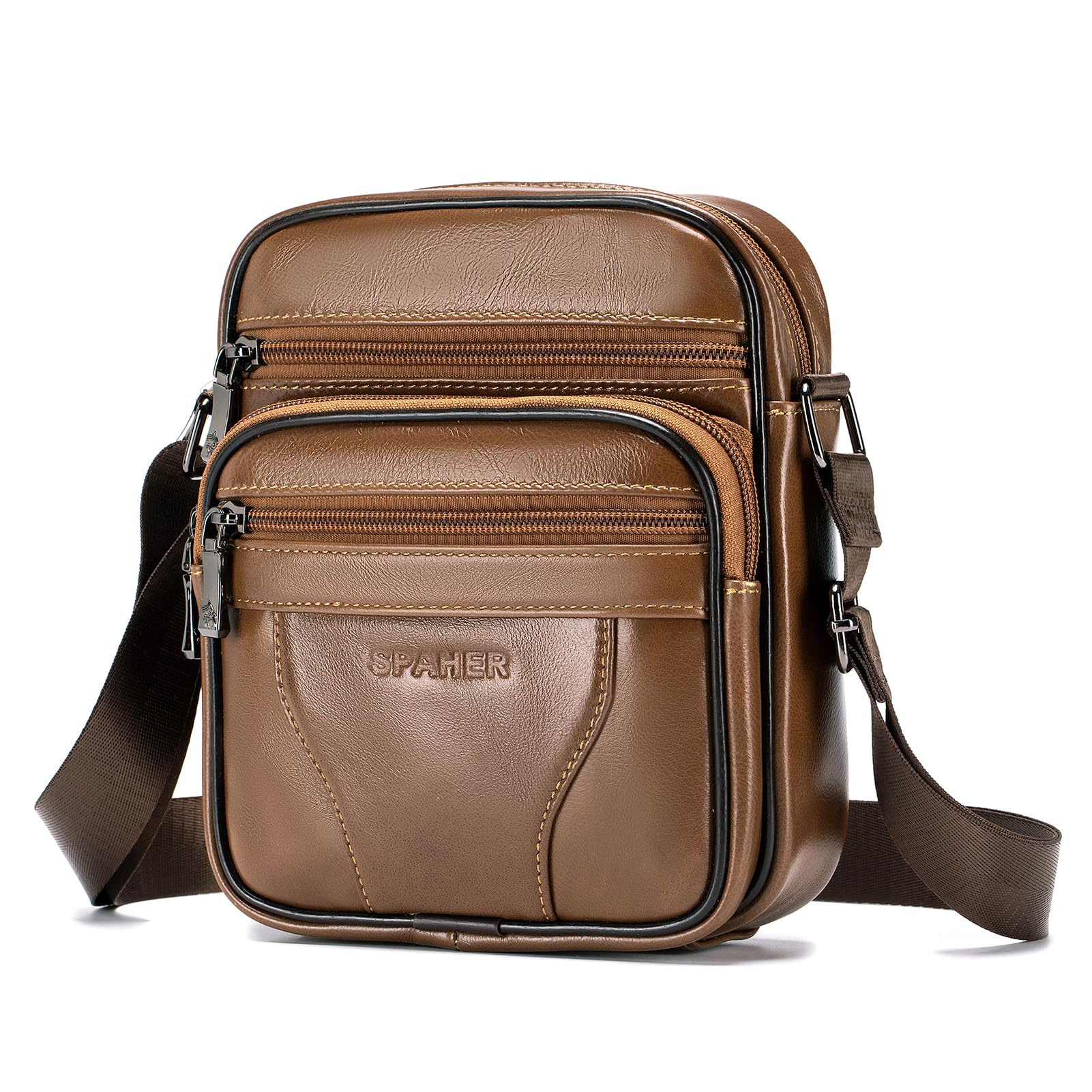 SPAHER Small Mens Leather Bag Handbag Shoulder Bag Business Messenger Bag Cross Body Casual Sling Organiser Travel bag with Adjustable Detachable Shoulder Strap Black