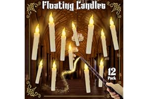 ATTMU 12 PCS Floating Candles with Remote Control Wand, Flameless Taper Candles LED Harry Hanging Potter Halloween Decorations for Indoor Bedroom Church Party Supplies (Warm White Yellow)