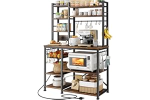 SNTD Baker Rack with Power Outlet - Microwave Stand with Storage, Large Coffee Bar Station with 14 Hooks, Metal Kitchen Shelf Rack for Spices, Pots (Rustic Brown)