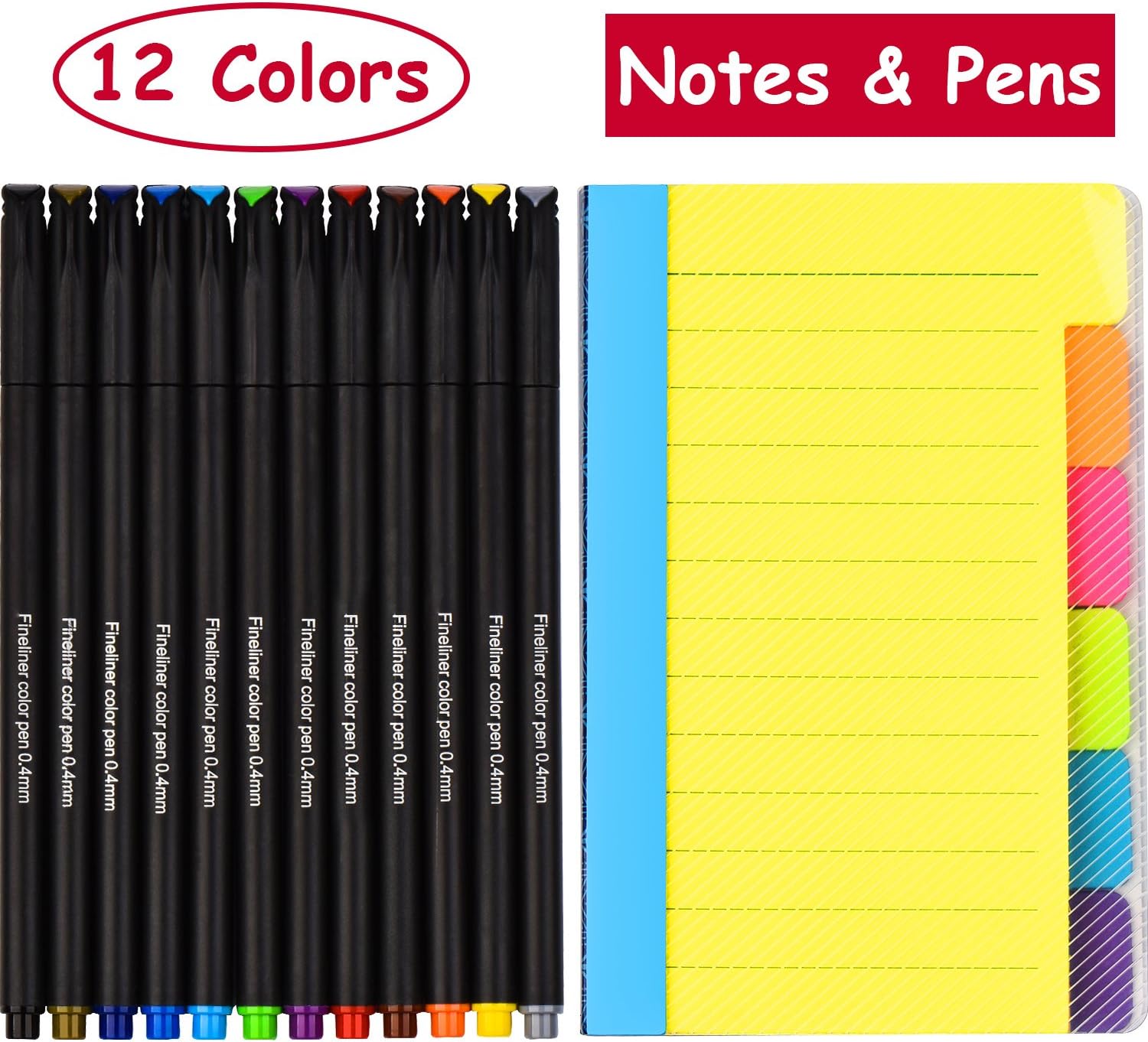 Fineliner 12 Colored Pens and Divider Sticky Notes 60 Ruled Notes, 4 x 6 inches, Sticky Journals Page tabs, Journaling Writing Note Taking, School & Office Supplies(1 Note+Pen)