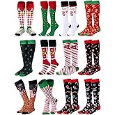 Suhine 12 Pairs Christmas Knee High Socks for Women Men Bulk Cotton Elf Long Socks for Xmas Party Favors Holiday Gifts