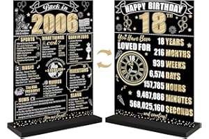 EIURTEAO 18th Birthday Decorations Back in 2006 Table Sign for Men Women, Black Gold Happy 18 Bday Two-Sided Wooden Table Poster with Stand Party Supplies, Eighteen Birthday Display Holder Decor for Table