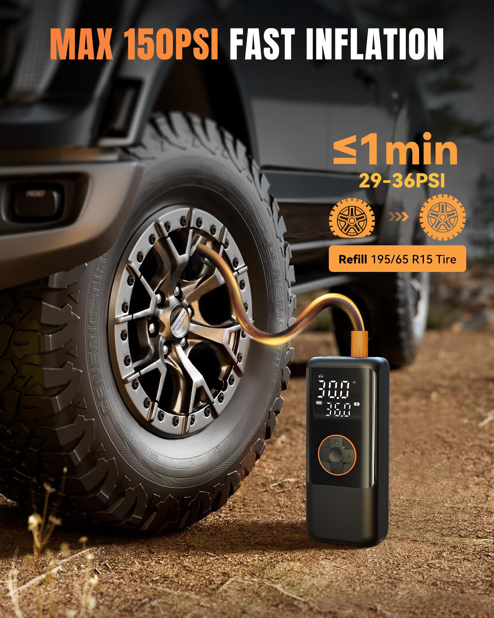 MAKELIFT Tire Inflator Portable Air Compressor, 150PSI Air Compressor for Car Tires, Cordless Bike Pump with Pressure Gauge & LED Light, Tire Pump for Cars, Motorcycles, Bikes, Balls