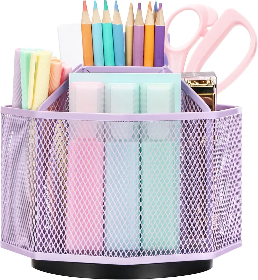 EXERZ Desk Organiser 360 Rotating Mesh Caddy Light Purple 5 Compartments