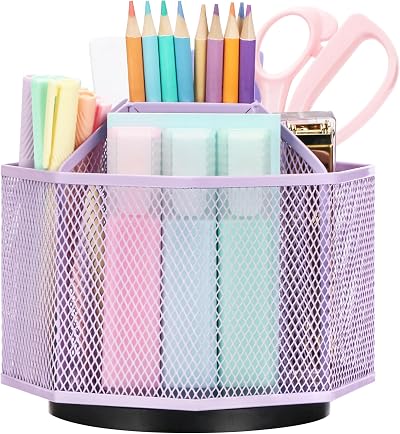EXERZ Desk Organiser 360 Rotating Mesh Caddy Light Purple 5 Compartments