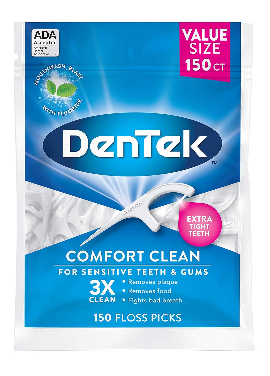 DenTek Comfort Clean Easy Reach Floss Picks | Cleans Back Teeth | 75 Count | 6 Pack | Packaging May Vary : Flossing Products : Beauty