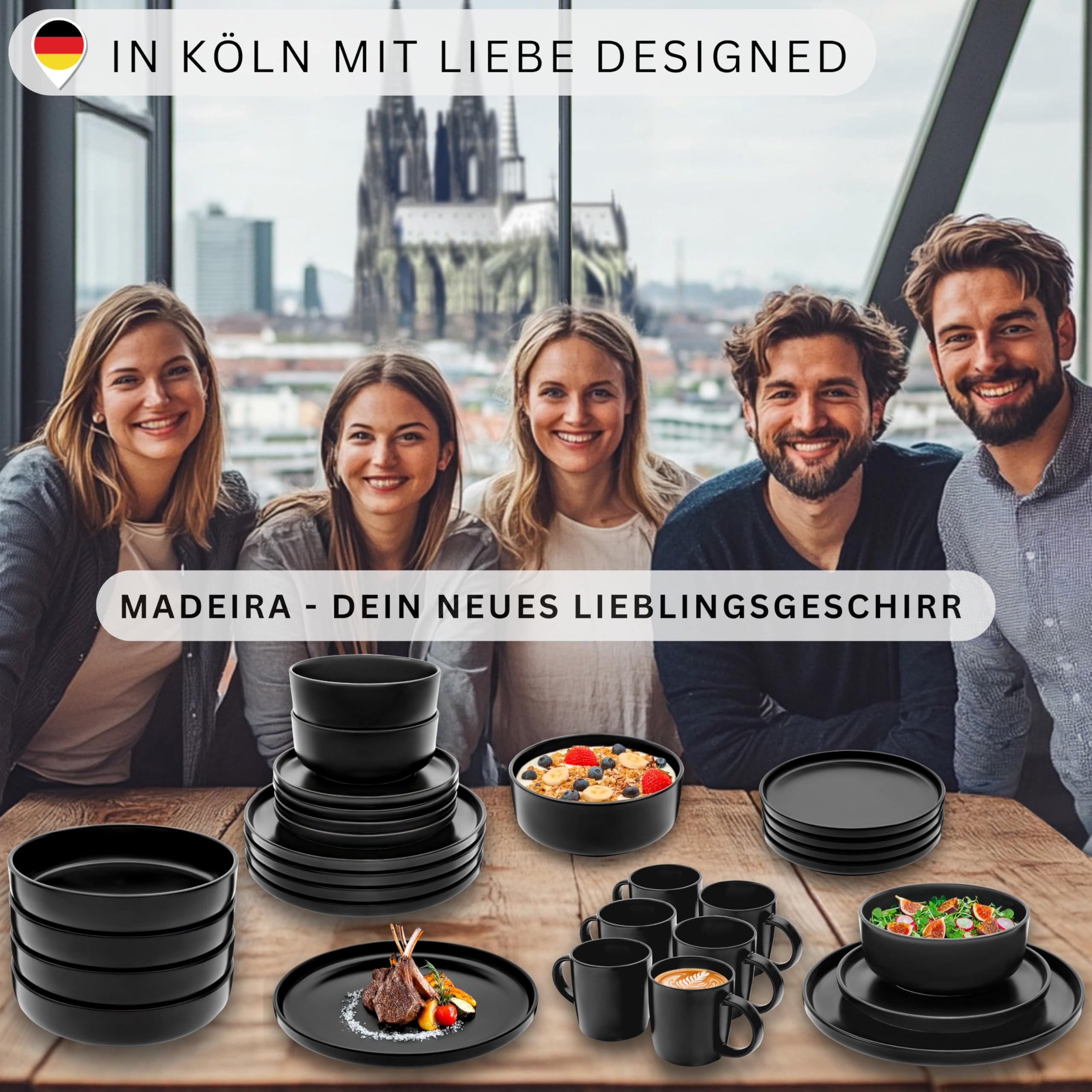 SÄNGER Madeira | Steingut Geschirr Set 18 tlg, Teller Set 6 Personen, Geschirrset 6x Speiseteller 6x Müslischalen 6x Dessertteller, Tafelservice schwarz kratzfest, Essgeschirr matt | VALUE COLLECTION 6