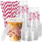 JarThenaAMCS 50Pcs Cowgirl Plastic Cups with Lids and Straws Pink Western Cowgirl Clear Plastic Cups 12oz Disposable Cup for Boho Preppy Party Supplies
