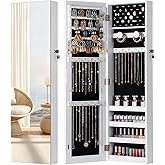 Nicetree Mirror Jewelry Cabinet, Jewelry Armoire with Full Length Mirror,Mirror with Jewelry Storage Wall/Door Mounted, Lockable Jewelry Armoire Organizer,White