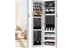 Nicetree Mirror Jewelry Cabinet, Jewelry Armoire with Full Length Mirror,Mirror with Jewelry Storage Wall/Door Mounted, Lockable Jewelry Armoire Organizer,White