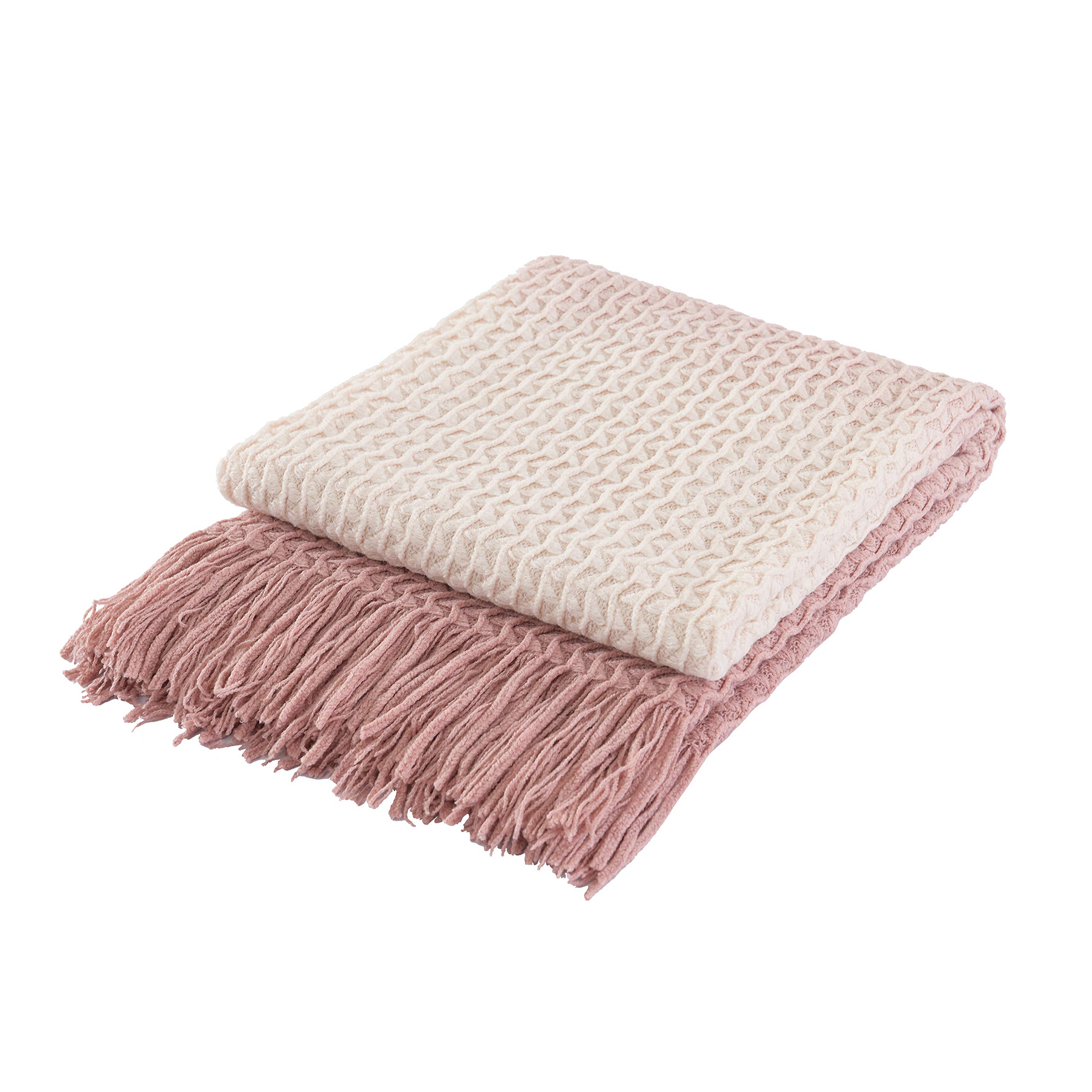 Coastline Super Soft Decorative Ombre Pink Knit Throw Blanket for Sofa Couch Chair Bed, Lightweight Blanket throw, Cashmere-like Soft and Cozy, Delicate Weave Pattern with Fring,127x152cm