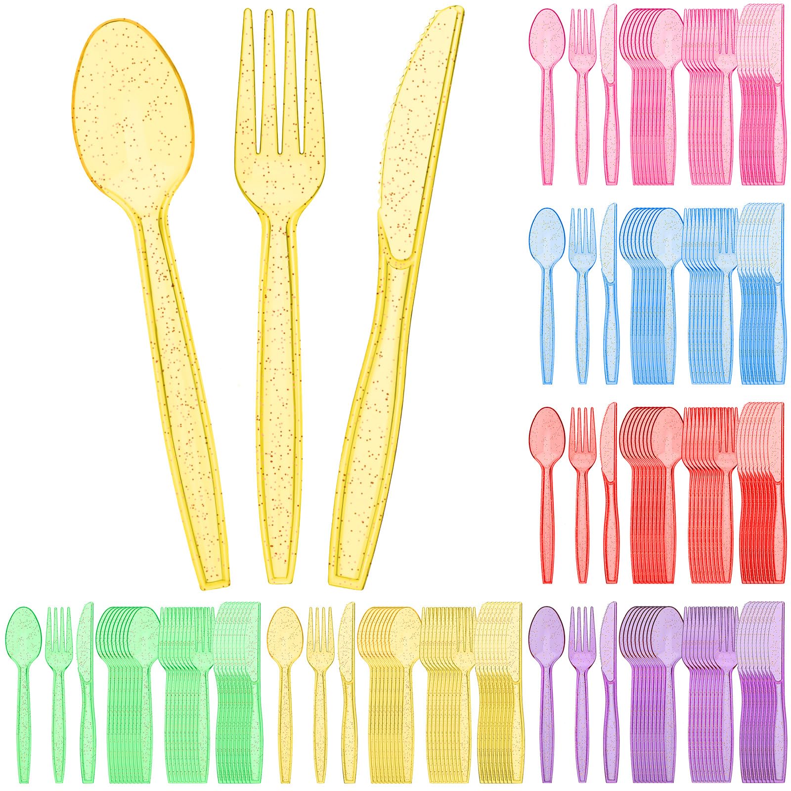 Photo 1 of Lasnten 180 Pieces Glitter Plastic Silverware Set Disposable Clear Plastic Cutlery Flatware for Party 60 Knives 60 Spoons 60 Fork for Party Birthday Dinnerware Supplies(Multicolor)