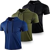 3 Pack: Men's Lightweight Short Sleeve Workout Hoodies, Athletic Dry Fit Hooded T Shirts for Gym Running