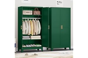 CKZBX 71" H Metal Armoire Wardrobe Closet, Adjustable Shelve, Clothes Drying Pole, Steel Wardrobe Cabinet for Bedroom (Green)