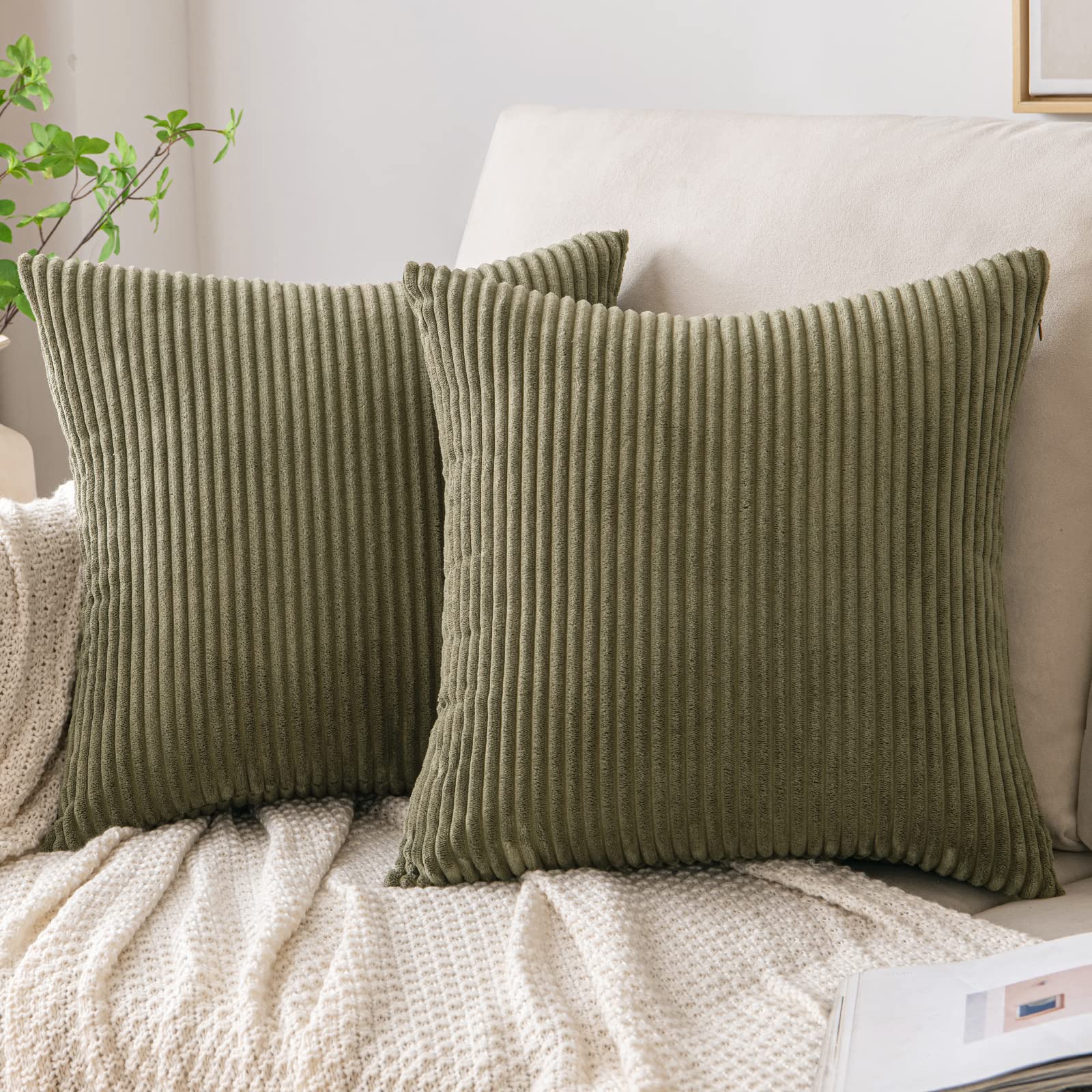 EMEMA Cushion Covers Corduroy Square Throw Pillow Covers Striped Soft Sham Home for Sofa Couch Bedroom Decorative Pillowcases 20x20 Inch 50x50cm Set of 2 Olive-green