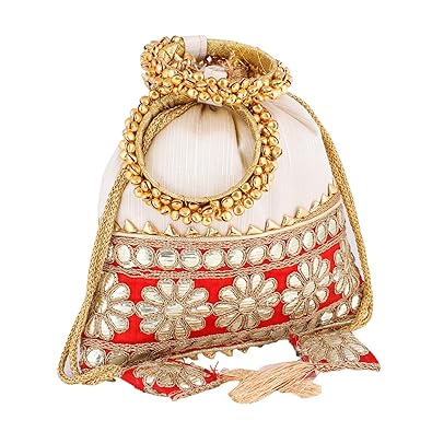 Bombay Haat Red and White Silk Ethnic Rajasthani Gota Patti Potli Bag/Clutch for Women