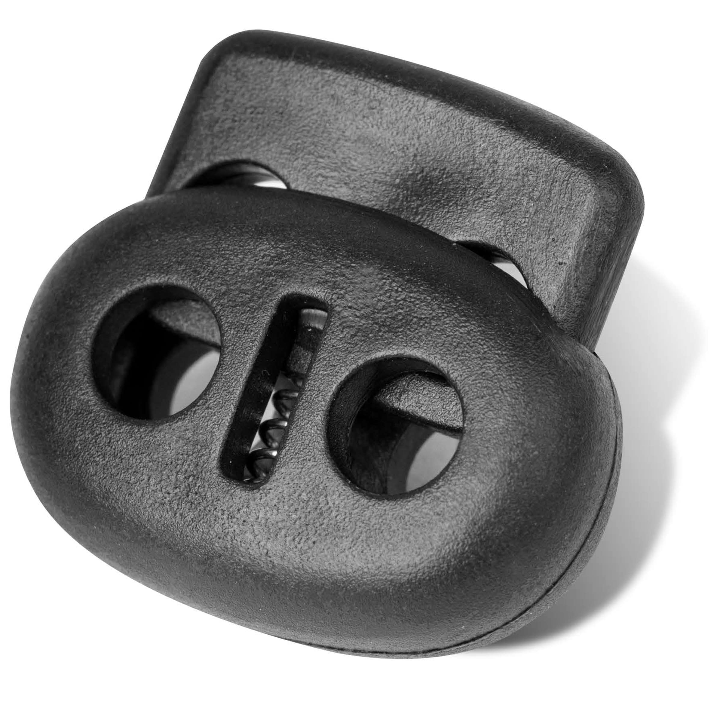 Photo 1 of AXEN 30PCS Plastic Cord Lock End Toggle Double Hole Spring Stopper Fastener Toggles for Shoelaces, Drawstrings, Paracord, Bags, Clothing and More, Black