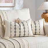 Fancy Homi Set of 2 Neutral Grey Farmhouse Lumbar Decorative Throw Pillow Covers 12x20 Inch for Couch Bed Chair, Vintage Country Rustic Retro Room Decor, Soft Rectangle Cushion Case with Tassels