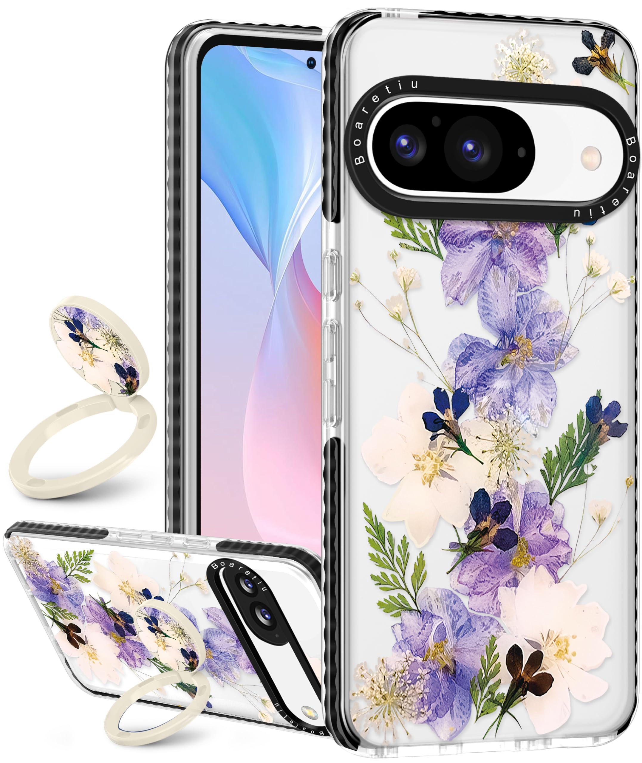Boaretiu Cute Kawaii Case for Google Pixel 9/9Pro Phone Case with Kickstand - Fashion 360° Sticky Rotate Ring Holder Design for Women Girls Girly for Google Pixel 9/9Pro Case, Purple Flower