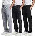 Real Essentials 3 Pack: Men's Tech Fleece Athletic Casual Open Bottom Sweatpants with Pockets (Available in Big & Tall)