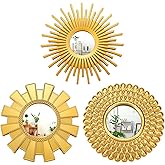 Fourluoo 3 Pack Gold Sunburst Mirrors for Wall Decor Circle Flowers Mirrors Decorative Gold Hanging Wall Art Flowers Mirror for Home Living Dinning Room Bedroom Bathroom Boho Decoration Art(Sunburst)