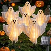 6 Pack Halloween Decoration Outdoor Solar Ghost Lights Warm White | Waterproof Solar Powered Ghost Stake Lights with Poseable Arms for Yard, Garden Pathway, Porch &amp; Haunted House Decor