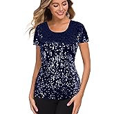 MANER Women’s Full Sequin Tops Glitter Party Shirt Short Sleeve Sparkle Blouses S-4X