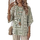 Umenlele Women's Print Half Sleeve Round Neck Keyhole Casual Blouse Top