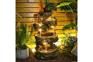 SUNLINUA 40.5" H Outdoor Garden Water Fountain 5 Tiers Large Cascading Rock Natural Waterfall Outdoor Fountain Resin Imitation Wood with LED Lights for Garden, Patio, Porch