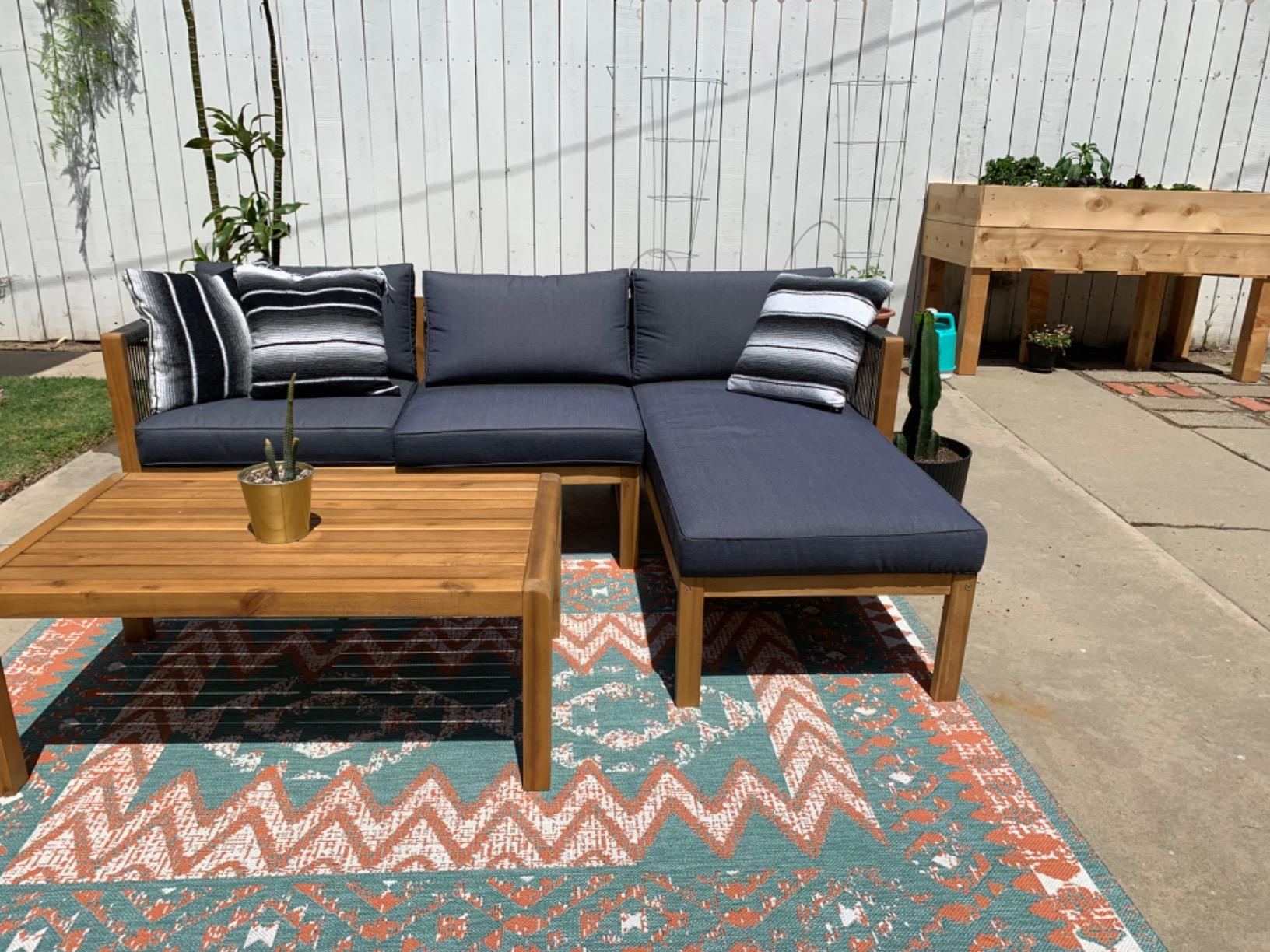 48/mo Finance Tangkula L Shape Outdoor Furniture Set, 3 Piece Acacia Wood Patio Conversation