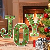 JOY Christmas Light Up Letters Sign,Green Background with Red lights,Operated Christmas Lamp–JOY Sign for Fireplace,Table & Holiday Decor-JOY