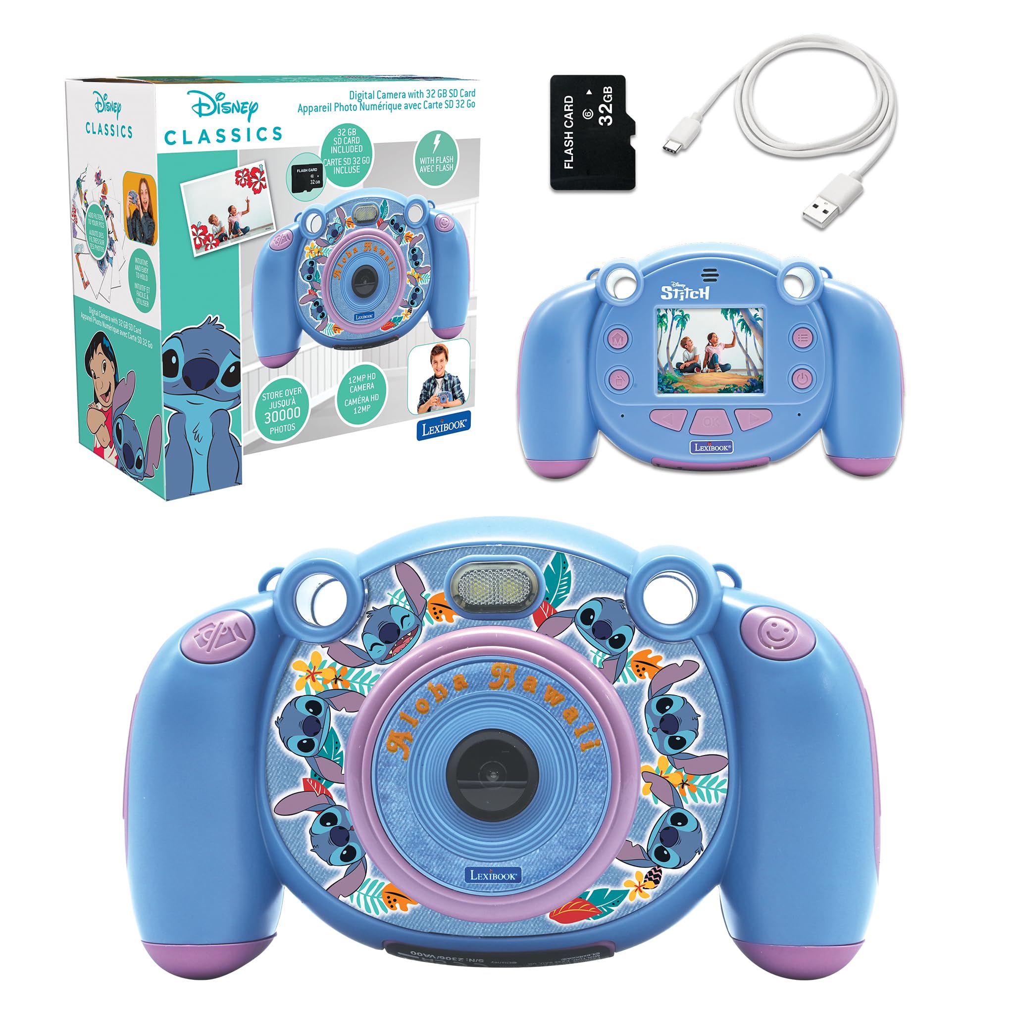 Lexibook, Disney Stitch, 4-in-1 Kids digital camera with photo, video, audio and game functions, 32GB SD card included, blue, DJ080D