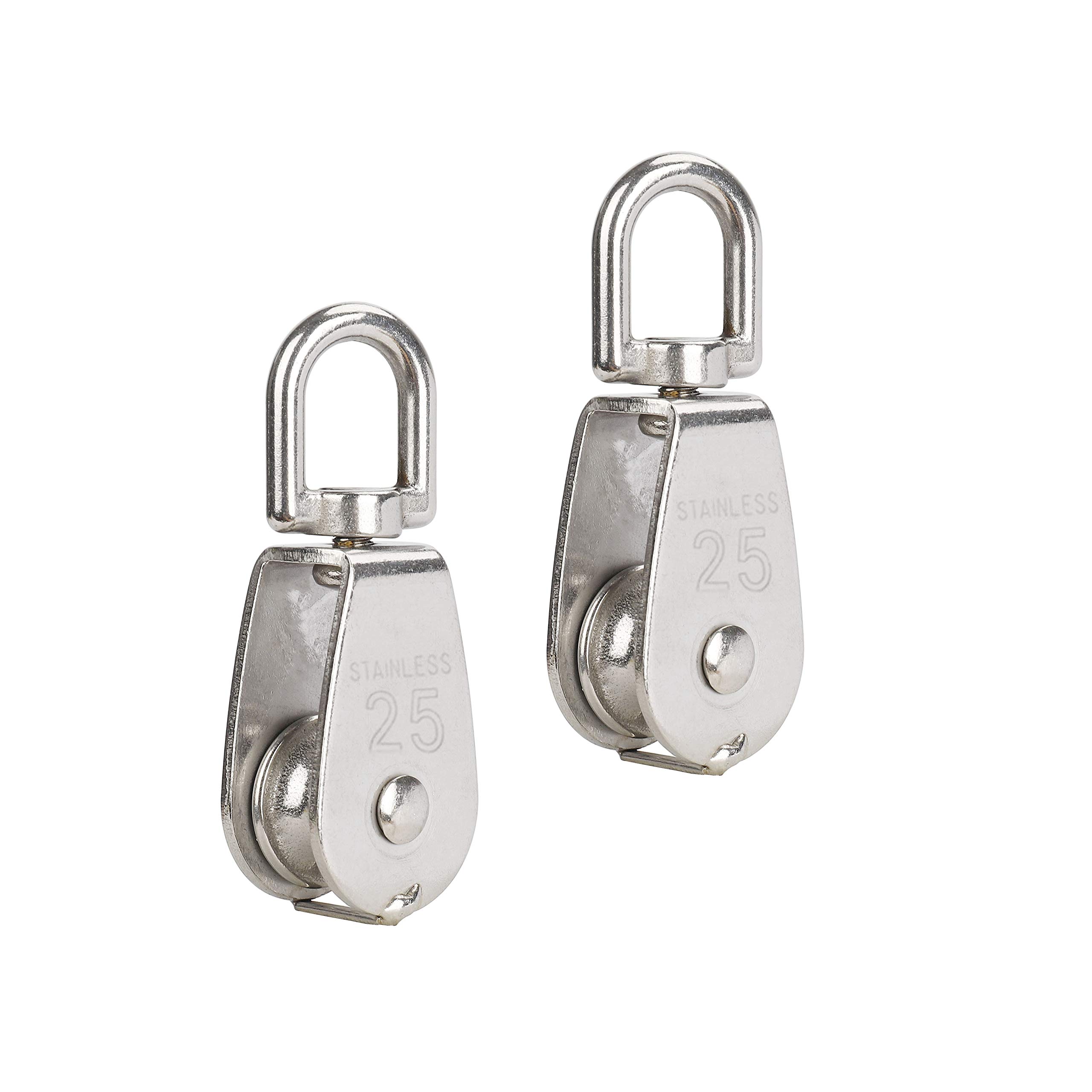 Pulley Block 304 Stainless Steel Single Wheel Swivel Hook Pulley Roller Suitable for Indoor & Outdoor Pulley System Activities Safe Loading 150kg/331lbs (M25) Silver 2Pcs