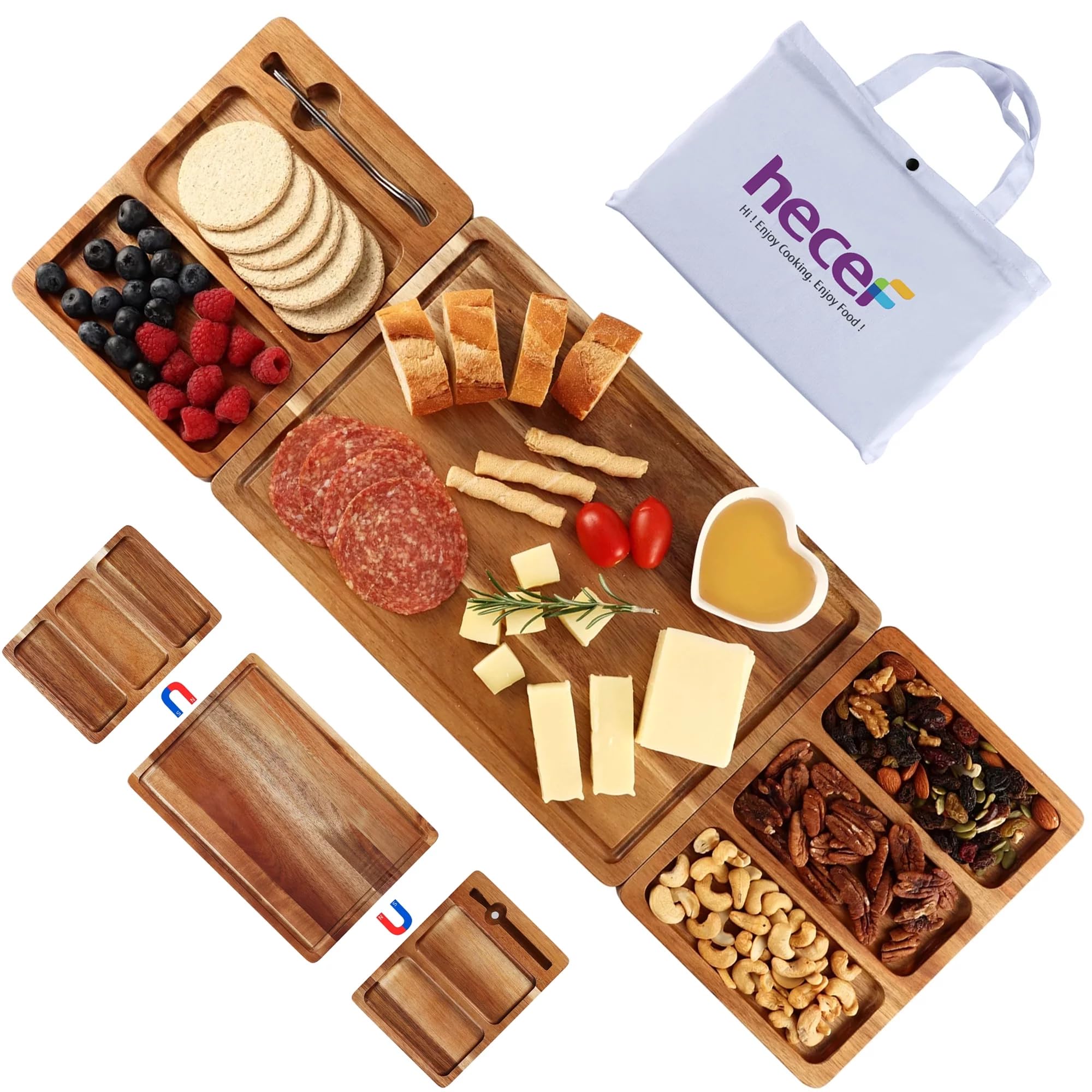 hecef Unleash Your Inner Chef with the Extra Large Acacia Wood Charcuterie Board Set: 3-in-1 Magnetic Serving Platter for Cheese, Fruits, Cold Cuts, Cakes, Sushi & Appetizers