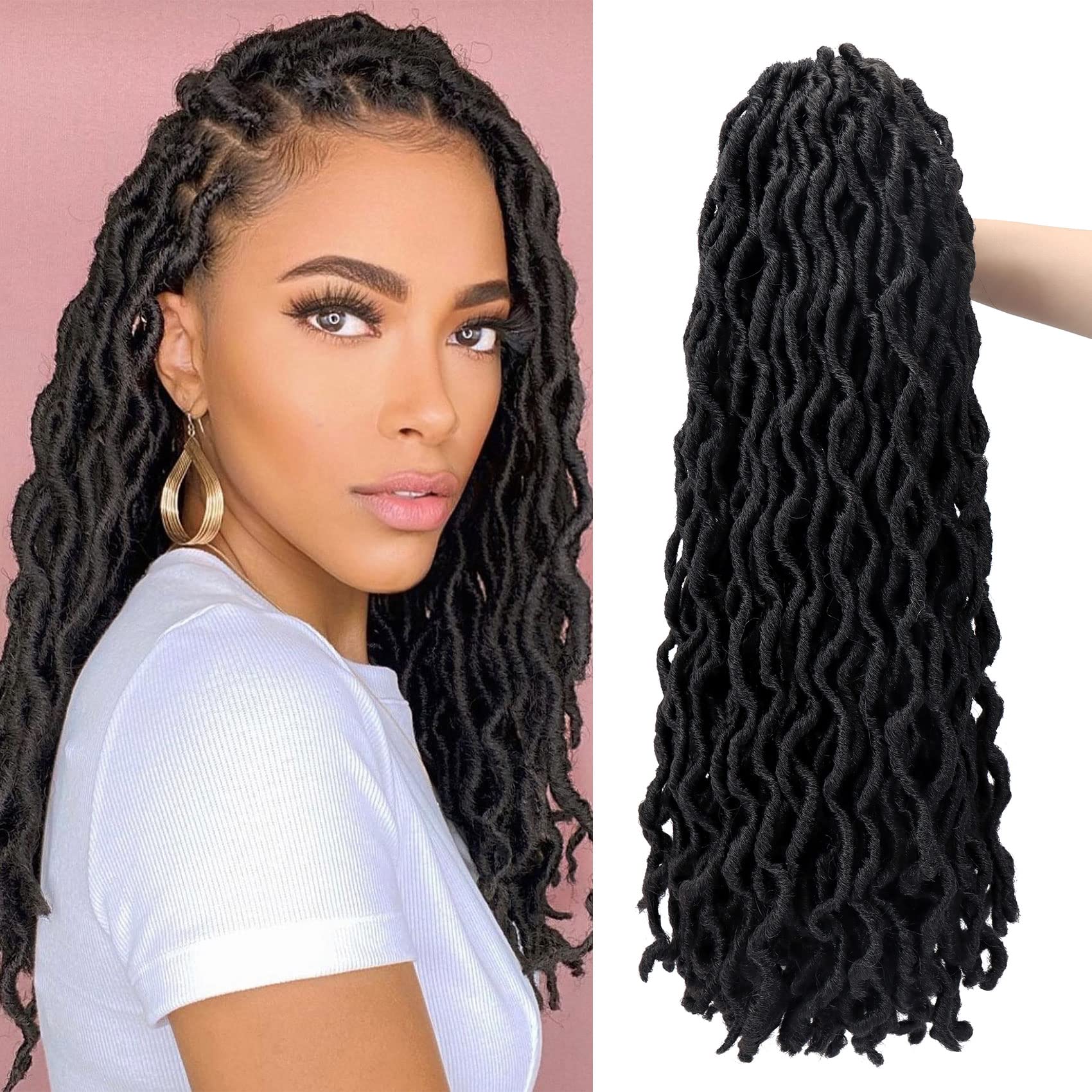 Photo 1 of 18 Inch Goddess Faux locs Crochet Hair 6 Packs/Lot Soft Gypsy Locs Wavy Crochet Braids Dreadlocks Curly Wavy Twist Braiding Hair Extensions African Roots Braid?1B)