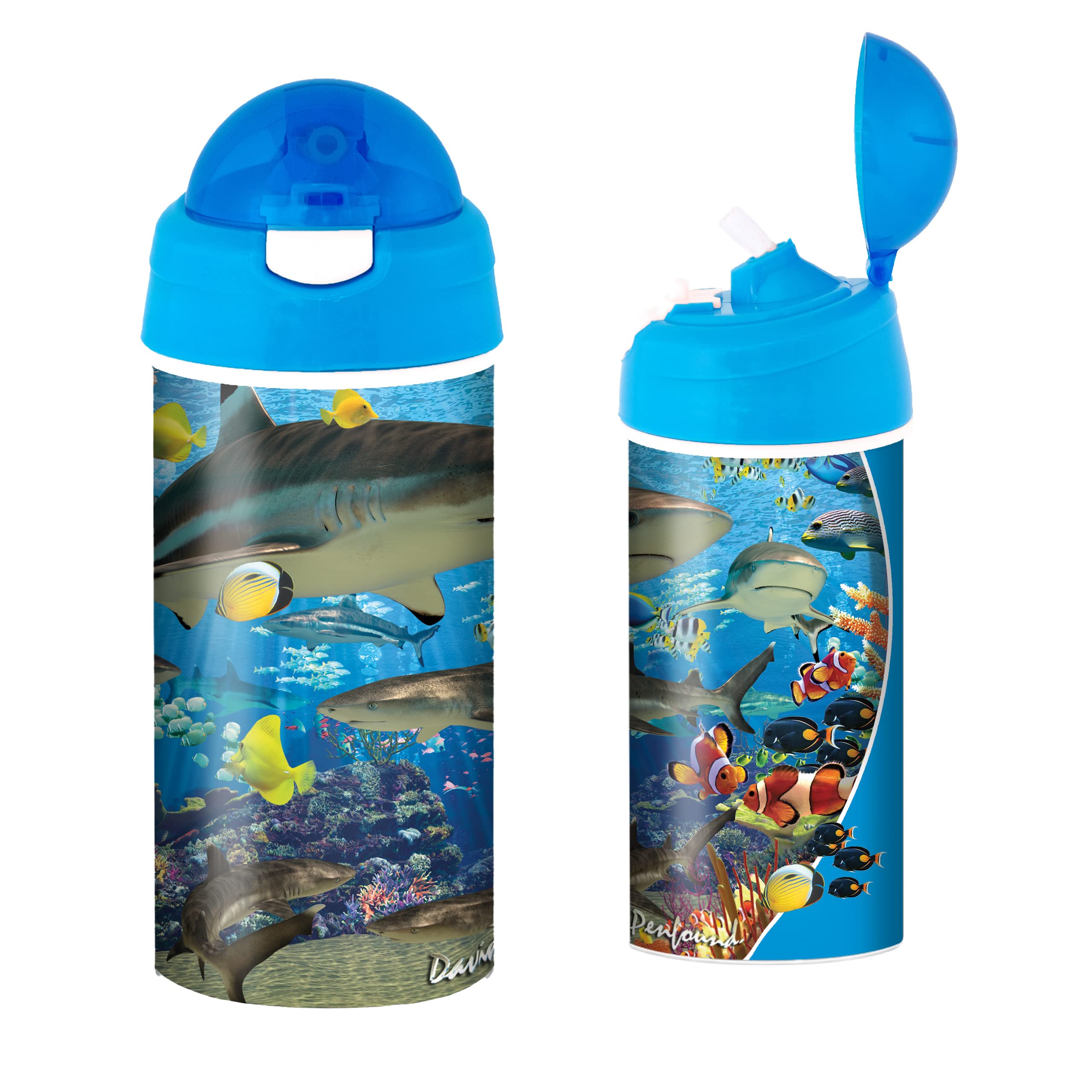 3D LiveLife Drinking Bottle - Shark Reef from Deluxebase. 3D Lenticular 600ml BPA Free Reusable Blue Water Bottle with Straw and Flip Top Lid. Leak Proof Animal Drinks Bottles with Shark Design.