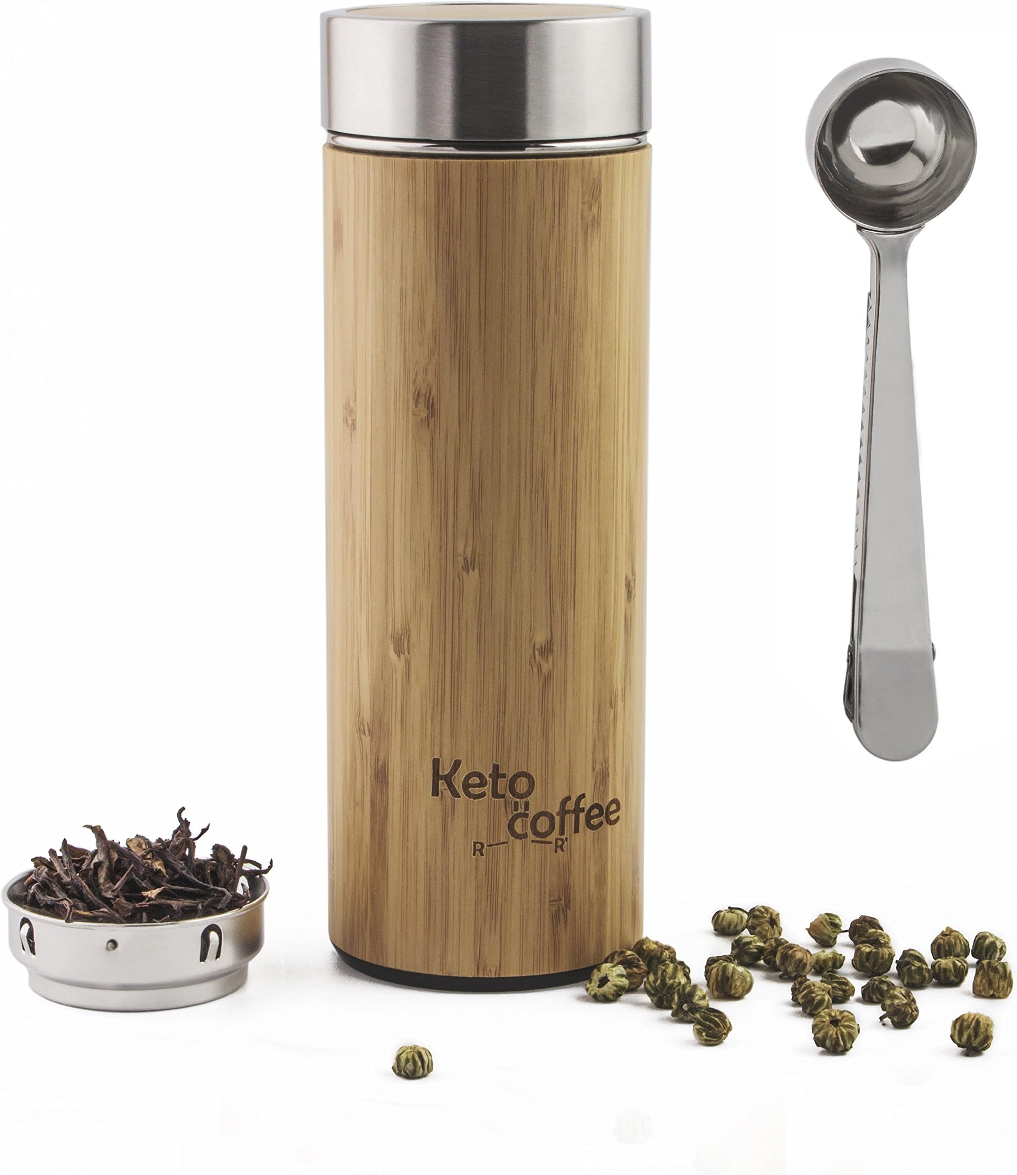 Bamboo travel insulated coffee mug tea tumbler with bag clip scoop | Double Wall Vacuum Insulated, BPA and Leak-Free