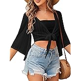 ZAFUL Women's Cropped Bolero Sheer Shrugs for Dress Short Sleeve Tie Front Cardigan