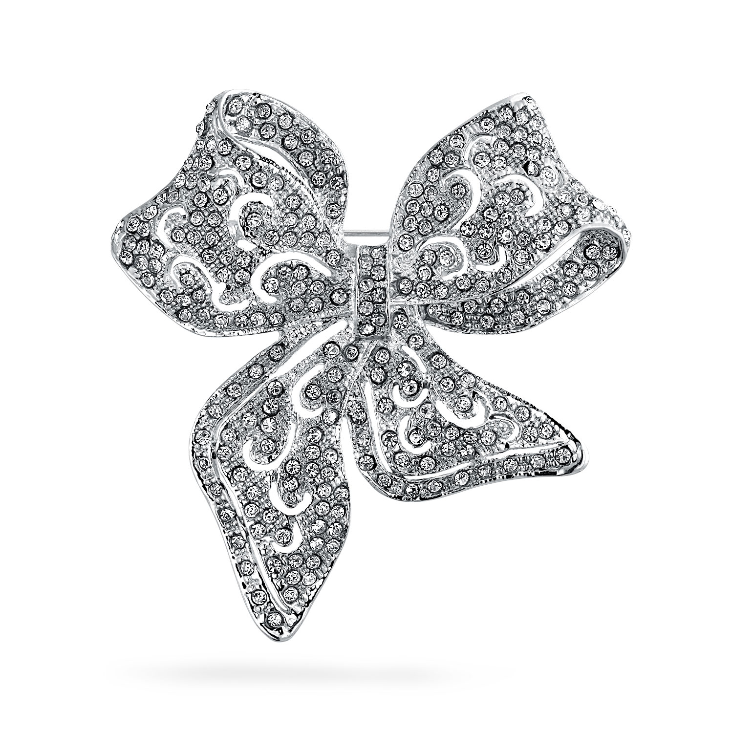 Winter Wedding Holiday Clear Glittering Crystal Bridal Fashion Large Statement Filigree Ribbon Bow Scarf Brooch Pin For Women Silver Plated