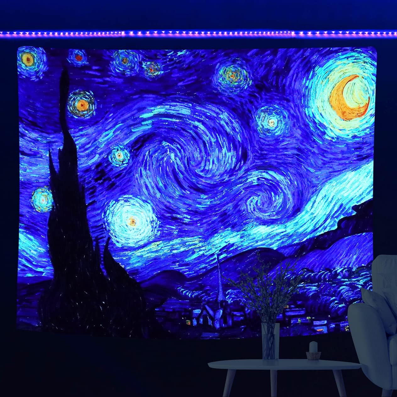 Tapestries - Sinsoledad Large Blacklight Art Tapestry Starry Night Wall Tapestries Decoration Black Light Poster by Van Gogh for Bedroom Aesthetic Glow in The Dark Night Wall Haning Home Decor,90 x 70 Inches