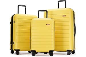GinzaTravel 3-Piece ABS Luggage Set with TSA Locks, Expandable, and Friction-Resistant in Yellow - Includes 20", 24" & 28" Spinner Suitcases