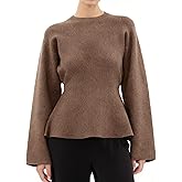 Cazaddi Women's Long Sleeve Sweater Self Tie Belted Peplum Loose Crew Neck Knit Pullover Jumper XSmall Camel